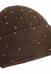 Beanie marrone lavorato a maglia con coste verticali, caratterizzato da scintillanti accenti di strass di colore marrone chiaro sparsi in tutto il design.