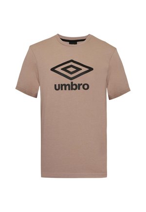 T-shirt beige à manches courtes avec logo Umbro noir et nom de la marque centré à l'avant.