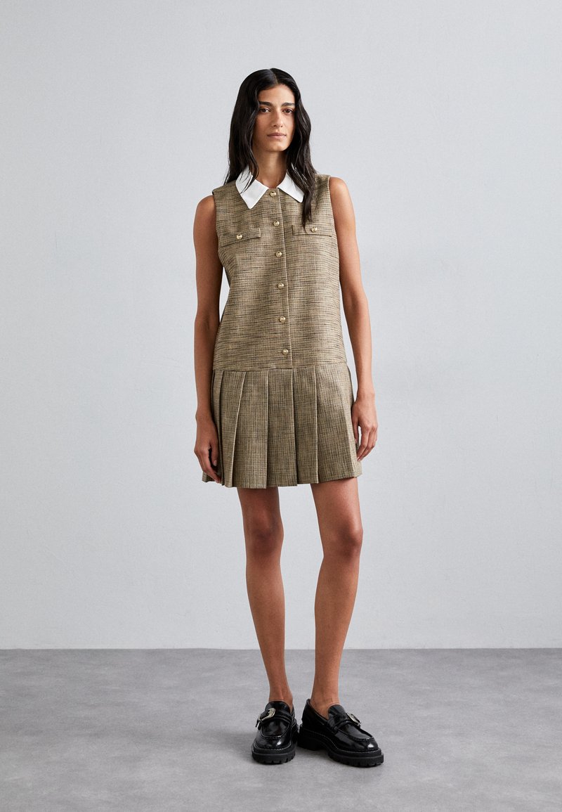 sandro brown dress SANDRO VICTOIRE SILK-WOOL PLEATED KNIT MIDI DRESS – CHOCOLATE BROWN main image 0