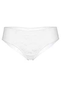 Mutande bianche a vita alta, con un pannello anteriore in pizzo e bordo elastico. Tessuto liscio con un leggero lucido e bordi ondulati.