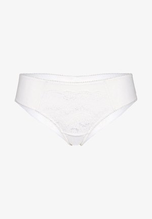 Mutande bianche a vita alta, con un pannello anteriore in pizzo e bordo elastico. Tessuto liscio con un leggero lucido e bordi ondulati.