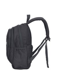 Zaino in tessuto nero con più scomparti con zip, spallacci imbottiti e una tasca in rete. Costruzione robusta con un design snello.
