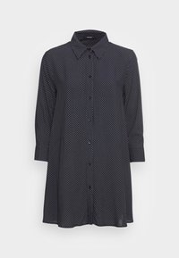 Navy button-up shirt with white polka dots, featuring a classic collar and three-quarter sleeves, made from lightweight fabric.