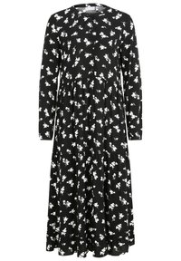 Schwarzes Langarmkleid mit weißem Blumenmuster, runder Halslinie, Knopfverschluss und einem gestuften Rockdesign. Weiche Stofftextur.