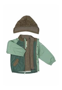 Vattentät jacka i grönt och mint med fodrad insida. Inkluderar en avtagbar brun huva och sidofickor med tryckknappar.