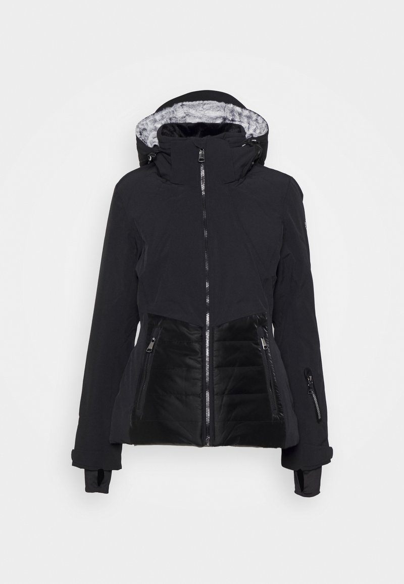 Black jacket with a padded front panel, zippered pockets, adjustable hood, and soft inner lining. Features a modern cut and durable fabric.