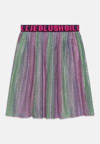 Gonna plissettata multicolore con luccichio iridescente, caratterizzata da strisce di verde, viola e argento. Vita elastica nera con testo.