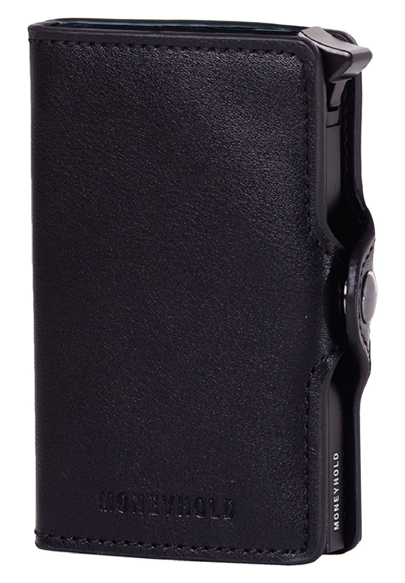 Portofel din piele neagră cu un design subțire, închidere tip snap și logo embosat "MONEYHOLD". Textură netedă cu cusături drepte pe margini.