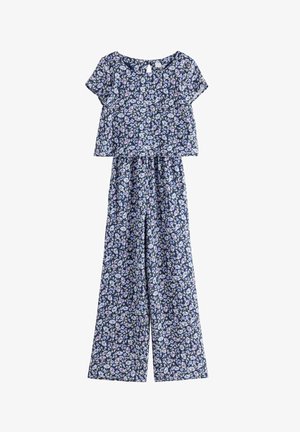 Laivastonsininen kukallinen kahden osan asu, jossa on lyhythihainen lyhyt toppi ja korkeavyötäröiset leveälahkeiset housut, joissa on vaaleanpunaisia ja valkoisia kukkia.