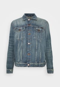 Jeansjacka i ljusblått med en klassisk design, som har krage, framfickor och knappar i kopparfärg. Urblekt textur över hela jackan.