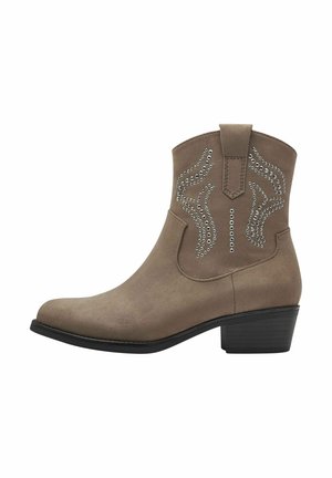 Brown suede ankle boots with a block heel, featuring silver studded accents in a curved design on the outer side. Clean lines and classic shape.