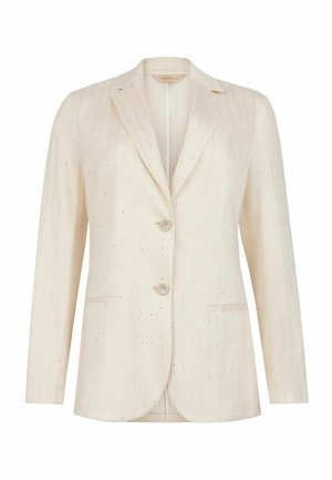 Kremfarvet dameblazer med subtile nålestriber, revers med hak, to knapper og forlommer.