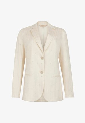 Kremfarvet dameblazer med subtile nålestriber, revers med hak, to knapper og forlommer.