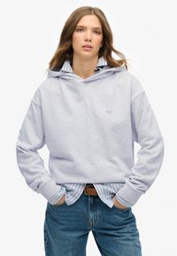 Sudadera gris claro hecha de un tejido suave con un bolsillo frontal, que cuenta con una capucha ajustable y un pequeño logotipo. Lleva puesta sobre una camisa a rayas azul.