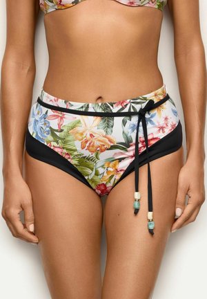 Dół od bikini z wysokim stanem, tropikalnym kwiatowym wzorem, czarnymi panelami bocznymi i dekoracyjnymi wiązaniami z koralikami z przodu po prawej stronie.