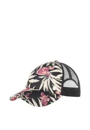 Black and floral-patterned cap with a curved brim, mesh back, and metal logo accent. Features vibrant pink and green floral designs.