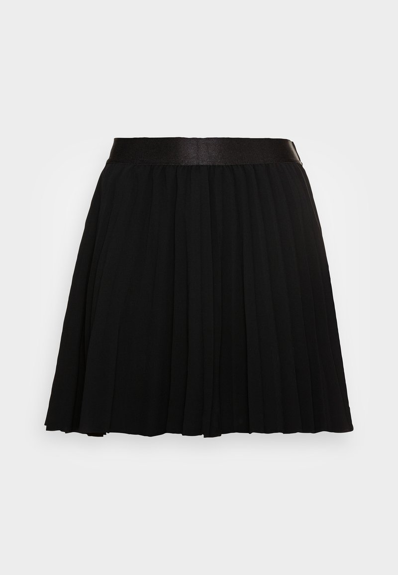 Jupe plissée noire avec une ceinture lisse, longueur genou, présentée sur un fond uni gris clair.