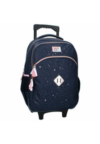Rullande ryggsäck i marinblått tyg med rosa prickar, dubbla dragkedjor, frontficka och tofsdetaljer. Utrustad med ett utdragbart handtag och hjul.