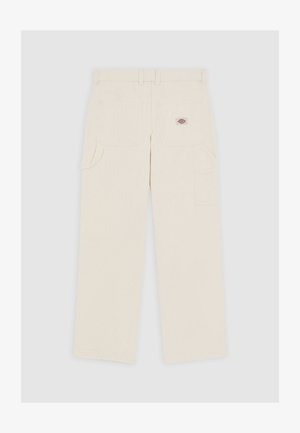 Light beige cargo pants made of cotton, featuring a straight cut, multiple pockets, and a small brand logo on the back pocket.