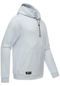 Lichtgrijze hoodie met een grote voorzak, trekkoordcapuchon, ribgebreide manchetten en een logo patch nabij de zoom. Gemaakt van zacht materiaal.