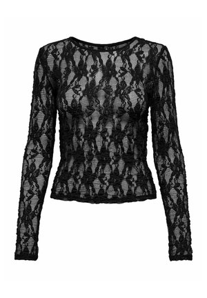 Haut à manches longues en dentelle noire avec un motif floral, design ajusté, encolure ronde et bords festonnés aux poignets et à l'ourlet.
