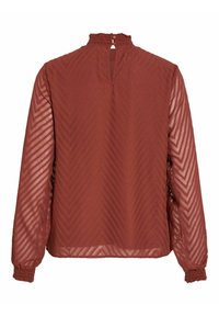Rostfärgad blus med en strukturerad chevronmönster, genomskinliga långa ärmar, rynkad halsringning och knäppning bak.
