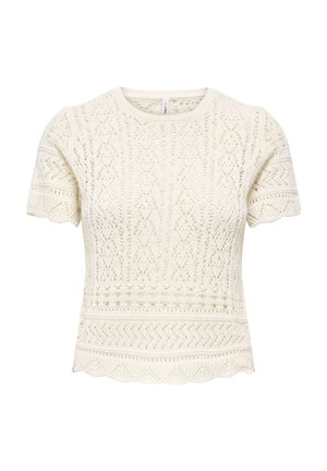 Kanten korte mouwen top in crèmekleur, met ingewikkelde patronen, een ronde halslijn en een gegolfde zoom van een textuurgebreide stof.