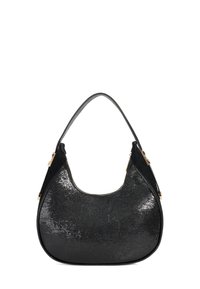 Black handbag with a glossy finish, curved shape, and a single shoulder strap. Features gold hardware and soft texture accents.