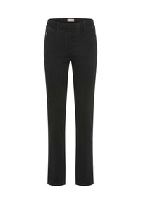 Pantaloni in denim nero con vestibilità dritta, cintura elastica e tasche laterali con zip. Caratterizzati da una trama liscia e un design casual.