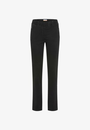 Pantaloni in denim nero con vestibilità dritta, cintura elastica e tasche laterali con zip. Caratterizzati da una trama liscia e un design casual.