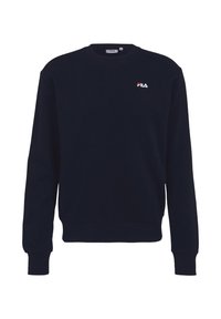 Granatowa bluza wykonana z miękkiej bawełny. Posiada klasyczny okrągły dekolt, długie rękawy i małe białe logo FILA na piersi.
