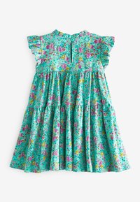 Robe turquoise à fleurs pour tout-petit, avec manches courtes à volants, étages froncés et fermeture à boutons dans le dos au niveau de l'encolure.