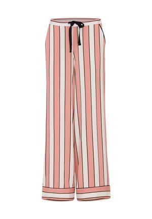 Roze en witte gestreepte wijde broek met een zwarte trekkoord, met verticale strepen en een effen kleur manchette aan de onderkant.