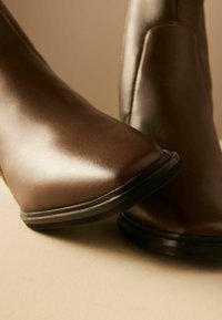 Bottines en cuir marron avec une finition brillante, un bout légèrement pointu et une semelle en caoutchouc noir. Les détails de couture mettent en valeur le design.