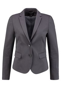 Blazer gris structuré en tissu texturé, avec une fermeture à un bouton, des revers à encoche et deux poches avant.