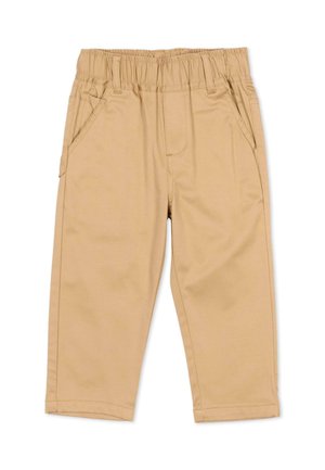 Pantaloni per bambini color tabacco con vita elastica, due tasche frontali e passanti per cintura, mostrati distesi su sfondo bianco.
