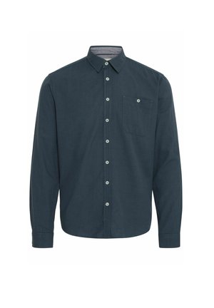 Męska ciemnoniebieska koszula zapinana na guziki, długie rękawy, jedna kieszeń na piersi, kontrastowe przeszycia i standardowy kołnierzyk. Gładka tekstura materiału.