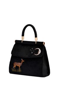 Black velvet handbag featuring an embroidered deer and crescent moon design, accented with gold hardware and a structured shape.