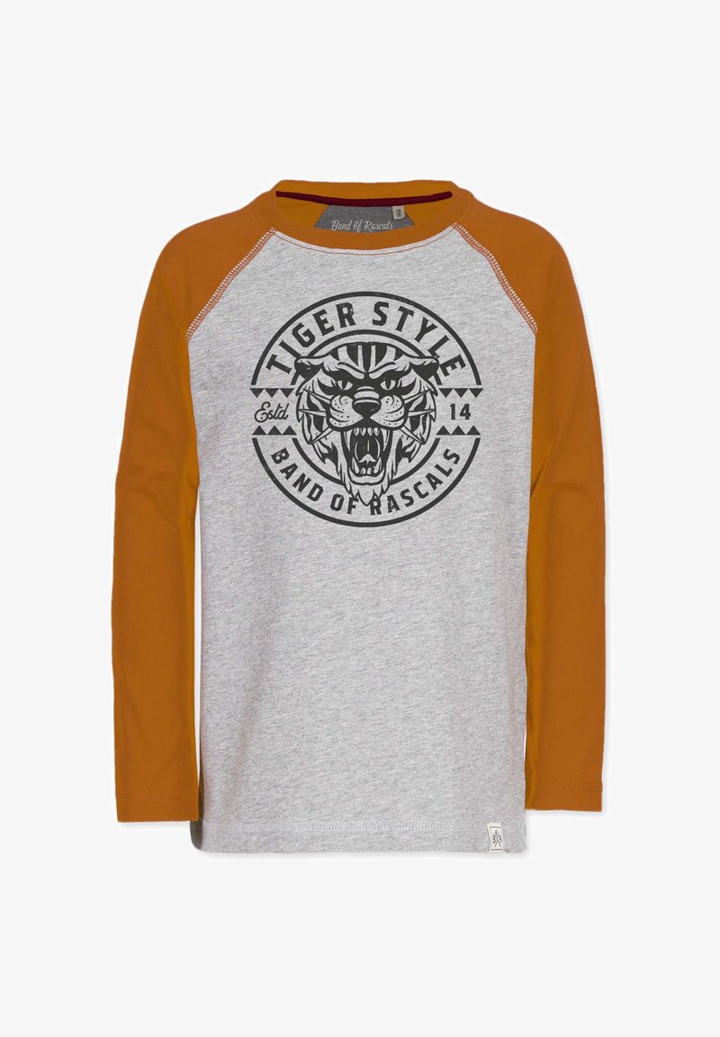 Grå langærmet t-shirt med orange raglanærmer, der har et sort tiger grafik og teksten "Tiger Style" i et cirkulært design.
