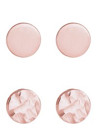 Rožu zelta apaļas auskari, kuriem augšējā pāra virsmai ir gluda apdare, bet apakšējā pāra dizains ir ar teksturētu rakstu.