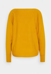 Pull en maille jaune avec une coupe ample, un col large et des manches longues. La texture est douce, avec une finition lisse et uniforme.