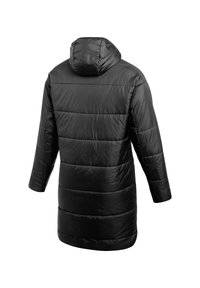 Schwarze Daunenjacke mit Kapuze, ausgestattet mit einem gesteppten Design, langen Ärmeln und einem knielangen Schnitt. Glatte, glänzende Außenseite ohne sichtbare Beschläge.