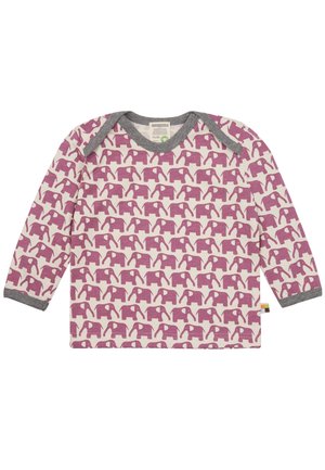 Langarmhemd in Creme mit wiederholten lila Elefantenmustern und einem grauen Halsausschnitt, aus weichem, atmungsaktivem Stoff gefertigt.