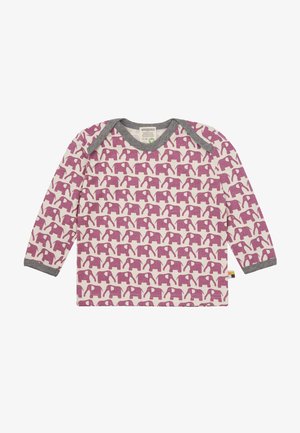 Camicia a maniche lunghe color crema con modelli ripetuti di elefanti viola e collo grigio, realizzata in un tessuto morbido e traspirante.