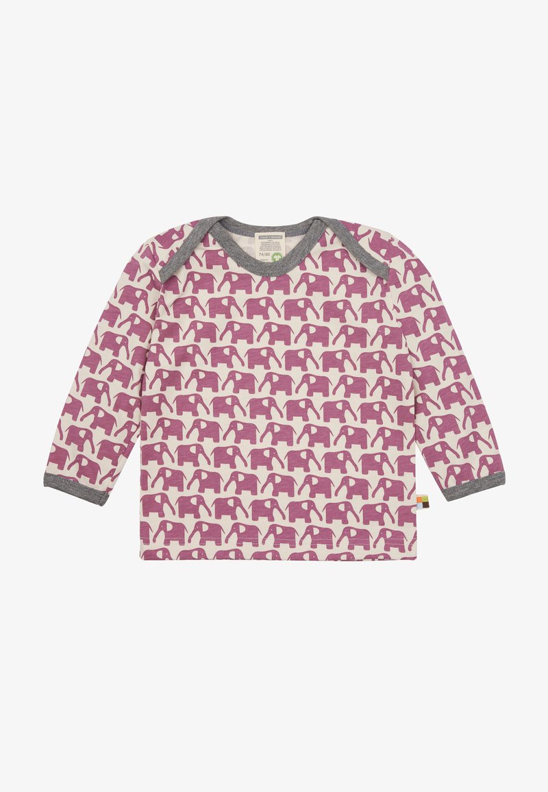 Langarmhemd in Creme mit wiederholten lila Elefantenmustern und einem grauen Halsausschnitt, aus weichem, atmungsaktivem Stoff gefertigt.