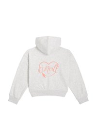 Grå cropped hoodie lavet af blødt stof, med et pink hjerte grafik og "O'Neill" tekst på ryggen, med en snor i hætten.