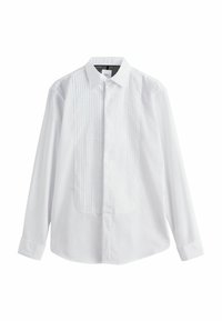 Camisa blanca de manga larga hecha de algodón, con un panel frontal con pliegues y un cuello clásico, con puños abotonados y un corte relajado.