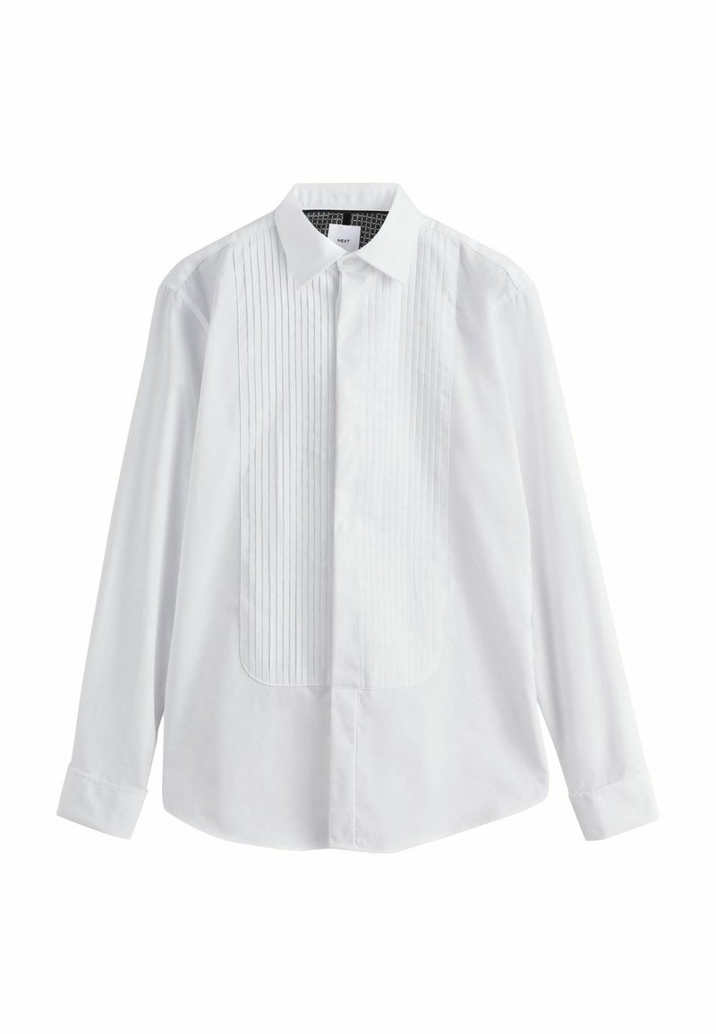 Camisa blanca de manga larga hecha de algodón, con un panel frontal con pliegues y un cuello clásico, con puños abotonados y un corte relajado.