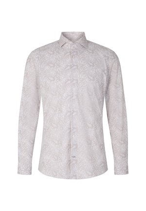 Chemise à manches longues de couleur claire, fabriquée dans un tissu avec un design paisley complexe, dotée d'un col boutonné et d'une fermeture à boutons à l'avant.