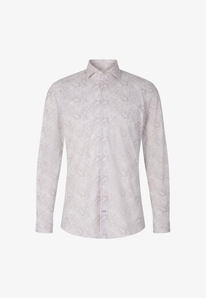 Lichtgekleurde langemouwen shirt gemaakt van stof met een ingewikkeld paisleypatroon, met een button-down kraag en een sluiting met knopen aan de voorkant.